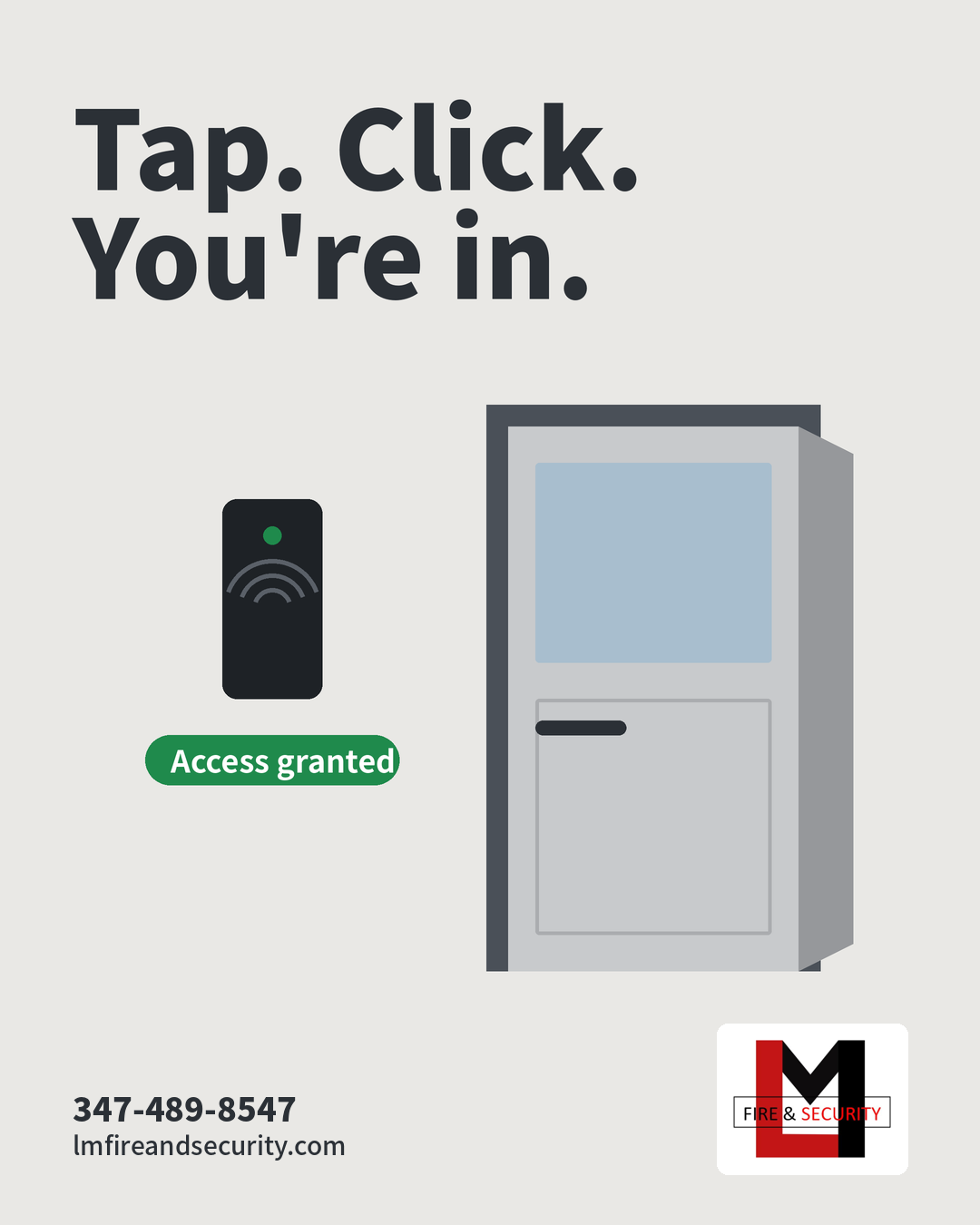 Access control card reader granting entry to a building door